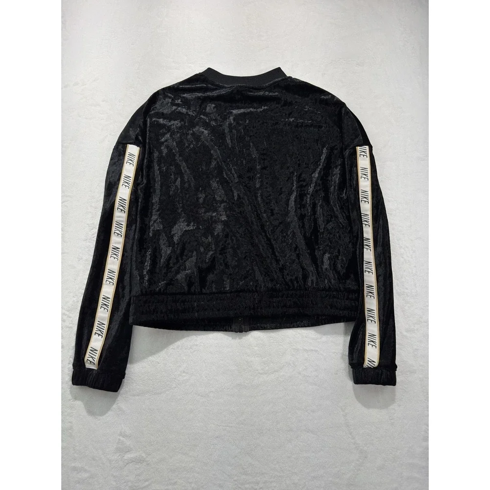 Nike Track Jacket Womens Large Black Velour Full Zip Logo Tape Sleeves Swoosh